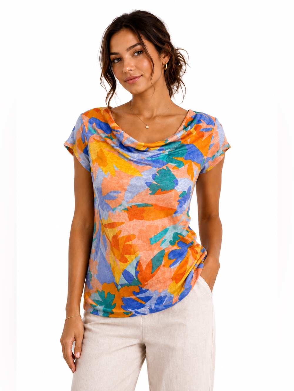 Joie 100% Linen Abstract Floral Cowl Neck Top Size Small